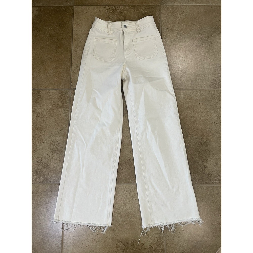 OAT New York Women's Sz 2/26 White Denim Jeans Cropped Wide Leg Raw Hem